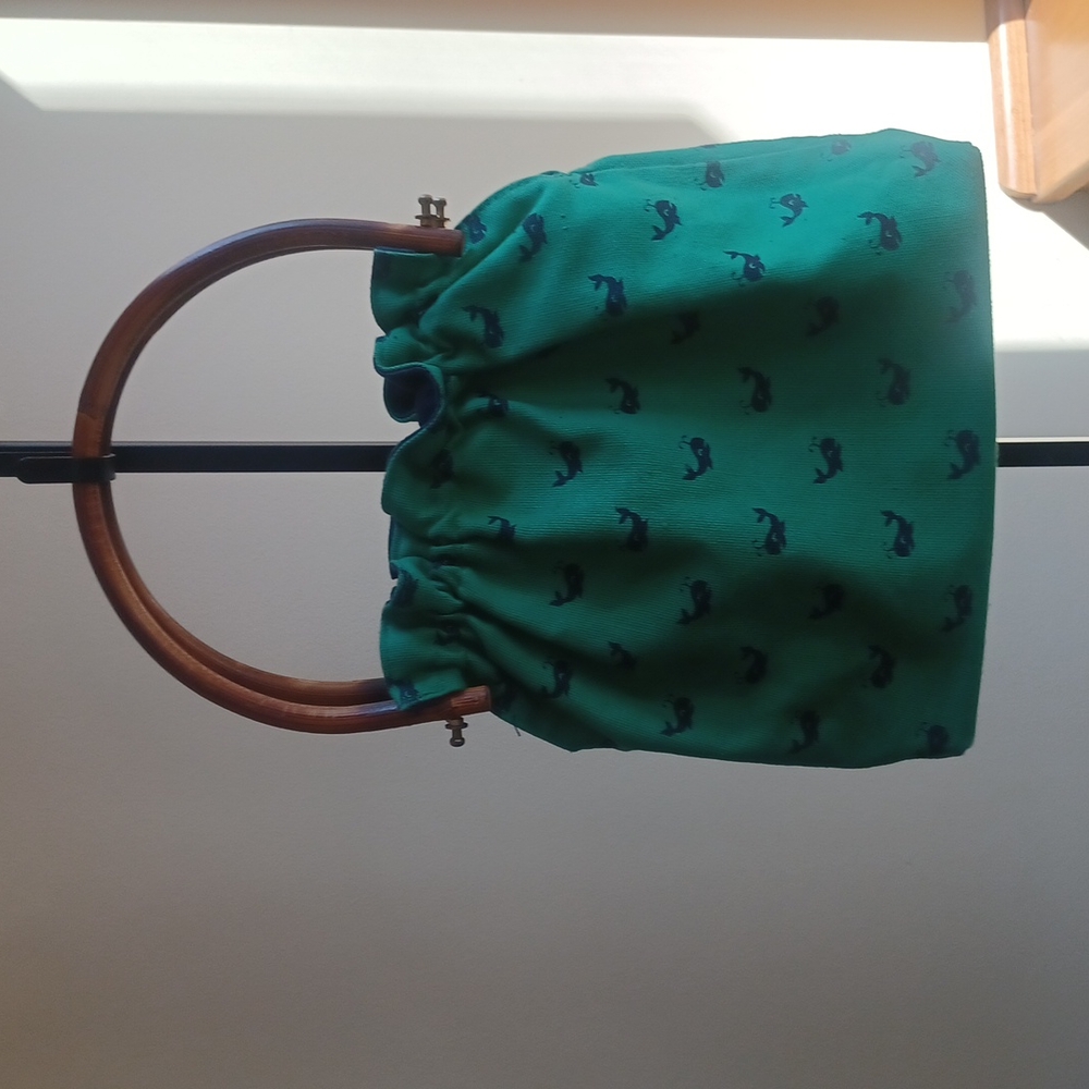 SUMMER Canvas reversible handbag with whale print and solid navy, bamboo handles